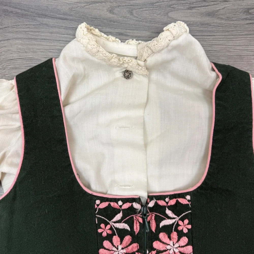 Vintage German Dirndl Set Kids Sz 6 Green Pink Floral Dress Apron Oktoberfest